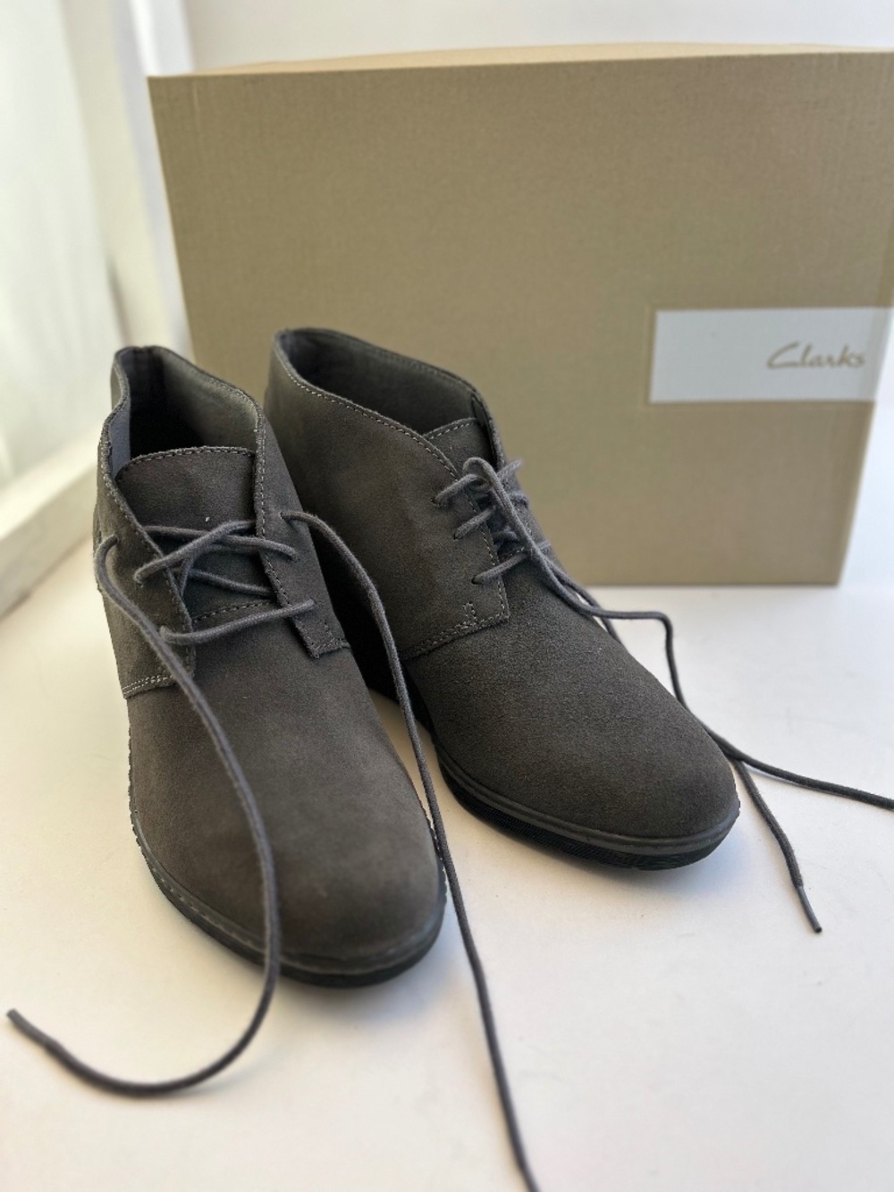 Clarks Hazen Charm Grey Suede Lace-Up Wedge Ankle Bootie